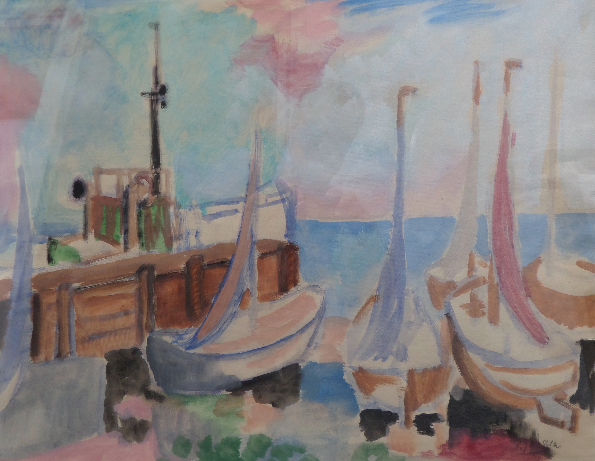 Fishing Boats, water colour by Peter Janssen.