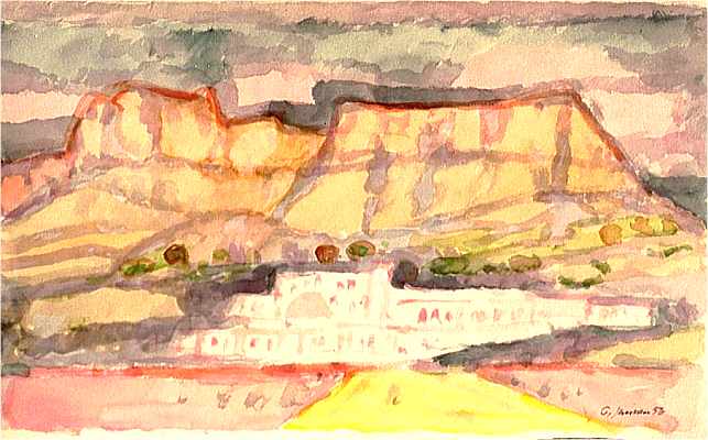 Spanisches Dorf m. Abendhimmel, 1956, Aquarell von Peter Janssen