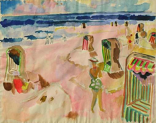 Beach Scene with Woman, water colour by Peter Janssen.