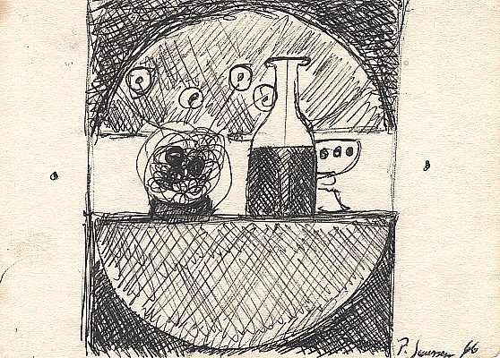 Stilleben mit Flasche 1966, Zeichnung von Peter Janssen