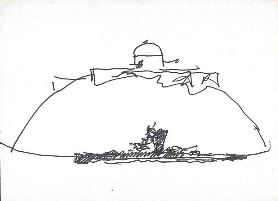 Kriegsschiff vor Kloster, Zeichnung von Peter Janssen
