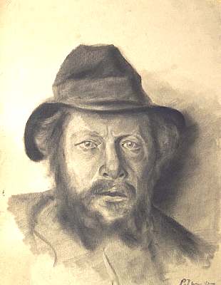 Portrait Mann mit Hut, Zeichnung von Peter Janssen