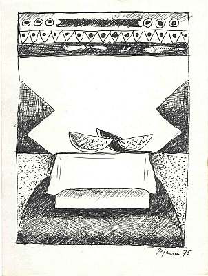 Stilleben mit Melonenscheiben, Zeichnung von Peter Janssen