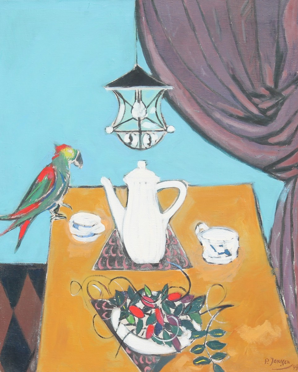 Still Life with Parrot, painting by Peter Janssen, please click for enlarged view!