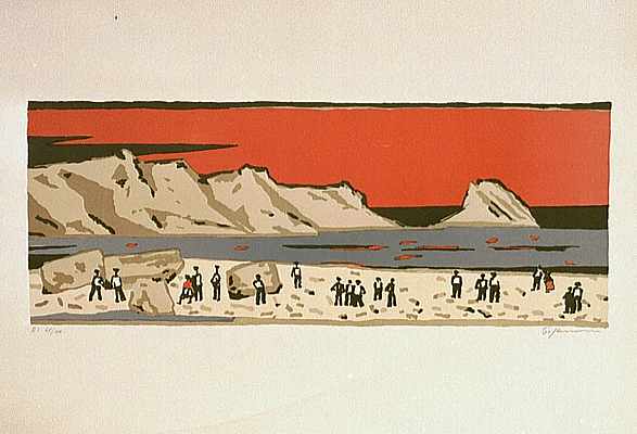 Menschen am Meer (rot), Lithografie von Peter Janssen