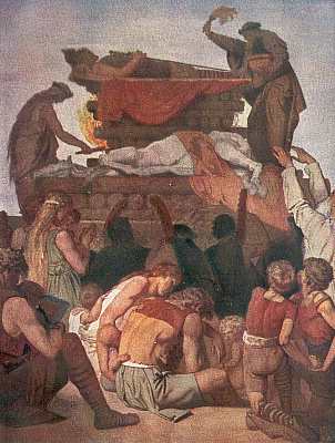 Peter Janssen - Wandgemälde im Krefelder Rathaus - der ermordete Arminius wird mit seinem Streitroß nach alten, geheimnisvollen Bräuchen verbrannt