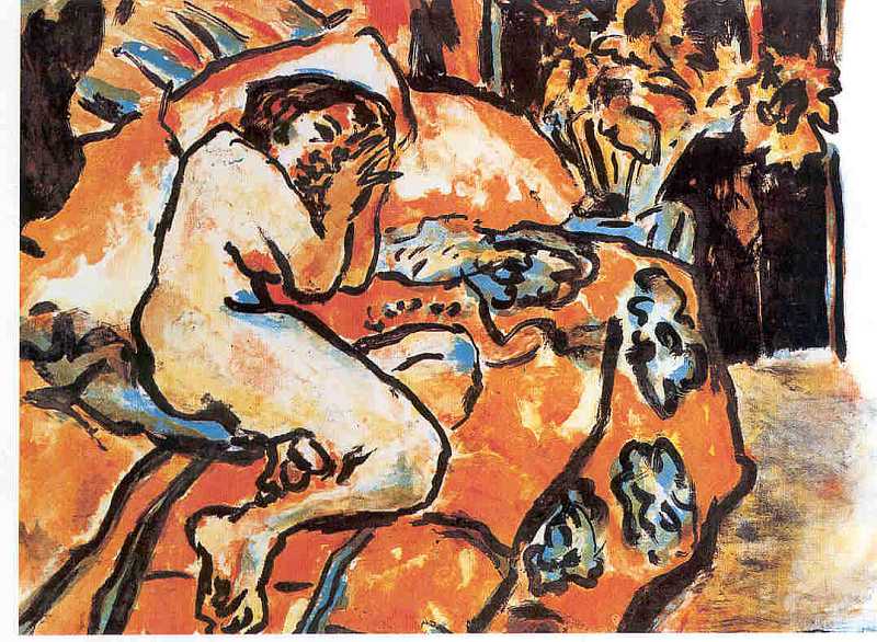 Weiblicher Akt auf geblmten Sofa, 1990