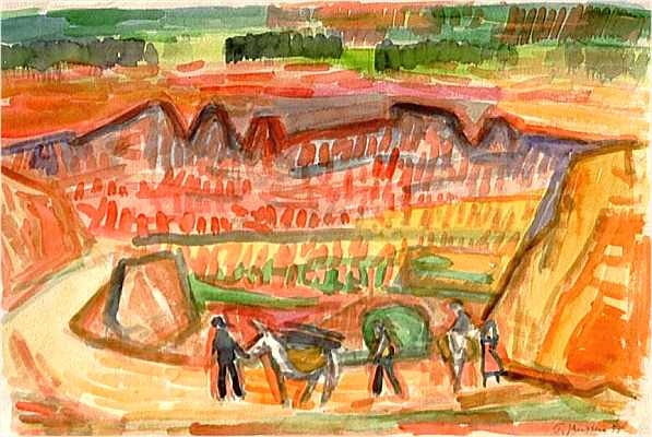 Group w. donkey in colourful landscape 