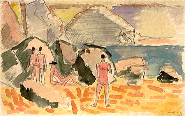 Nackte Männer am Strandl, Aquarell von Peter Janssen.